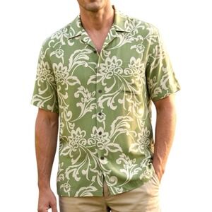 Saltaire‎ 100% Silk Floral Camp Shirt Men's M Green Paisley Y2K Aloha Tropical